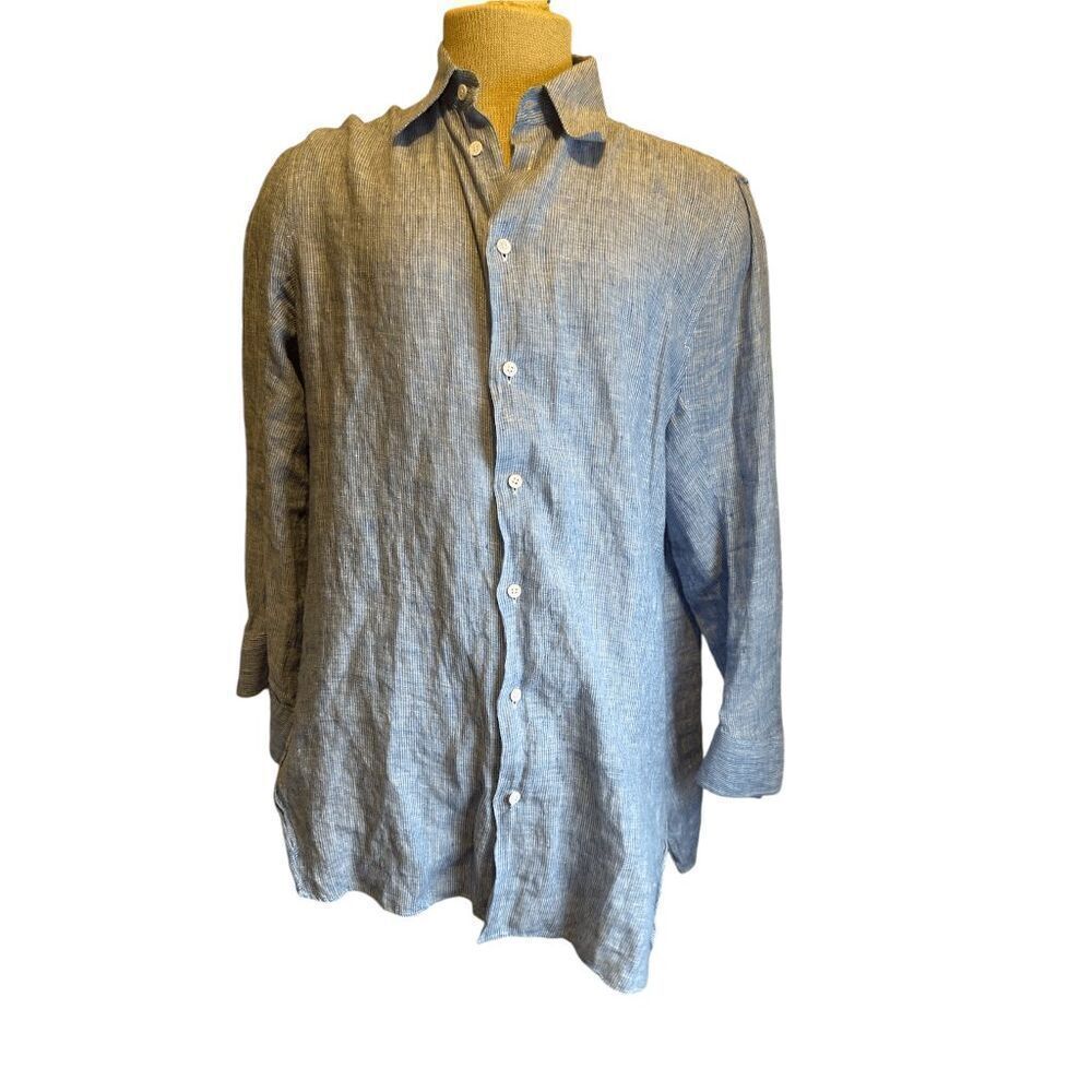 Zara Button Down Shirt Linen Blend Shirt For Men Tunic Style Sz S Side Slit Blue